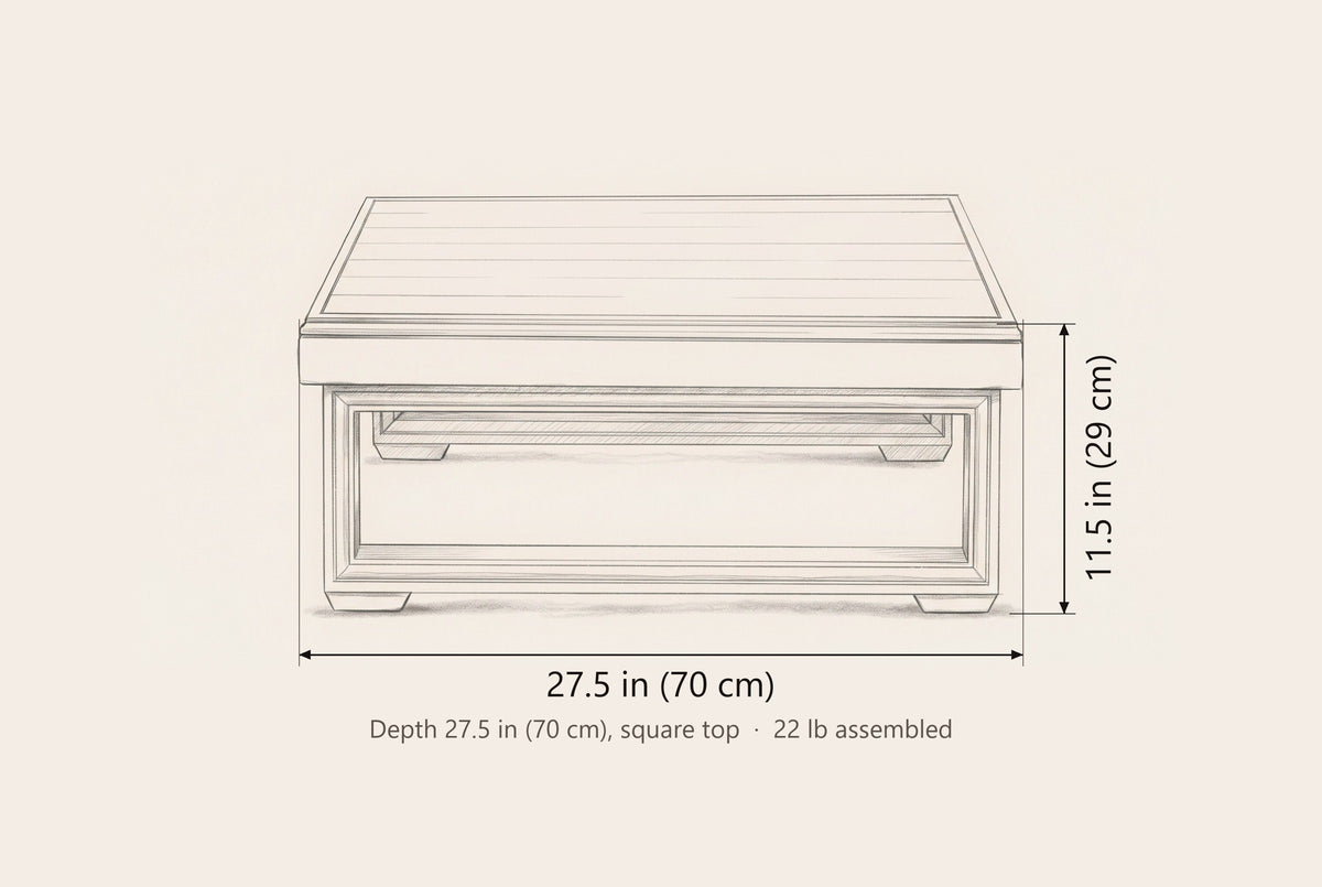 Custonaci coffee table dimensions: 27.5 in wide, 11.5 in high, 27.5 in deep