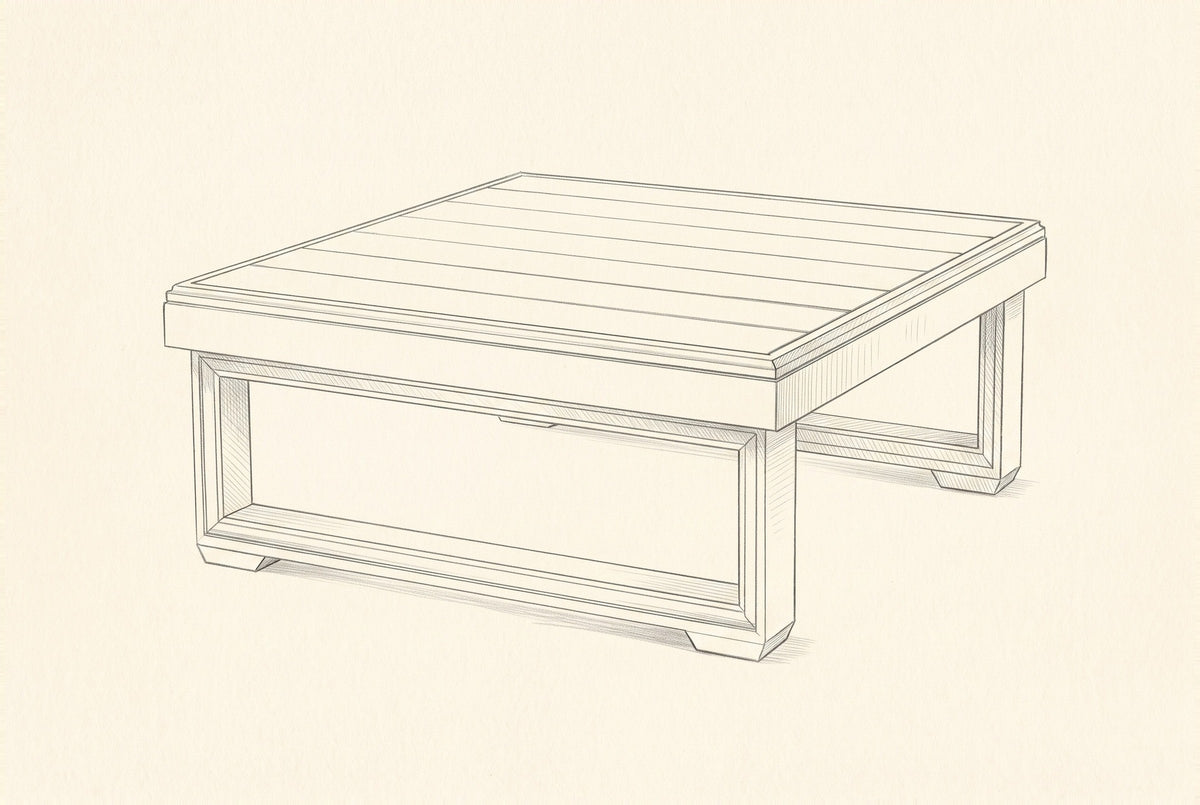Pencil sketch of the Custonaci coffee table, drawn from the same three-quarter view