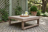 Custonaci acacia coffee table on herringbone brick in a Savannah, Georgia garden, a sage-green lattice wall and a boxwood in a terracotta pot behind (tray, pitcher and glasses not included)