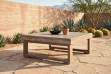 Custonaci acacia coffee table on buff flagstones at a desert house near Tucson, a rammed-earth wall, agaves and barrel cactus behind (bowl and plant not included)