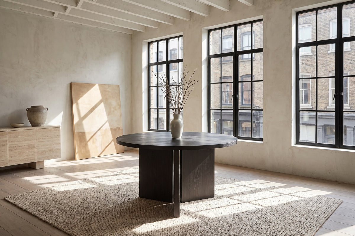Davoli 54-Inch Round Ebony Oak Veneer Pedestal Dining Table in a city loft