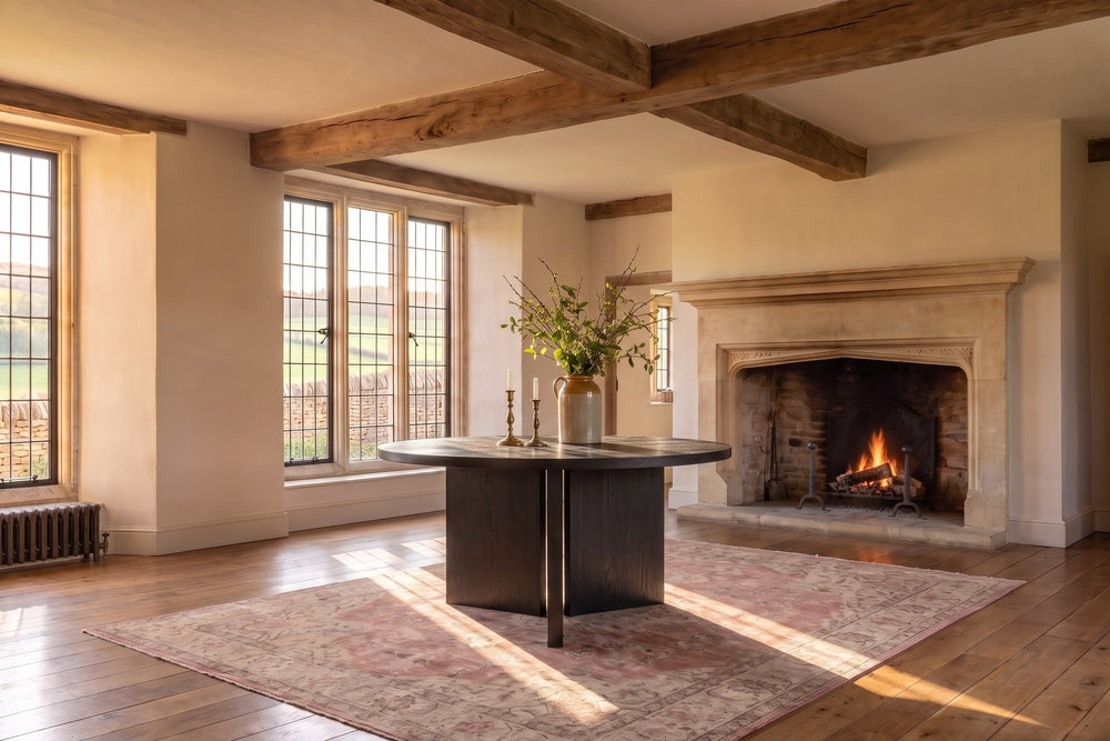 Davoli 54-Inch Round Ebony Oak Veneer Pedestal Dining Table in an English country dining room