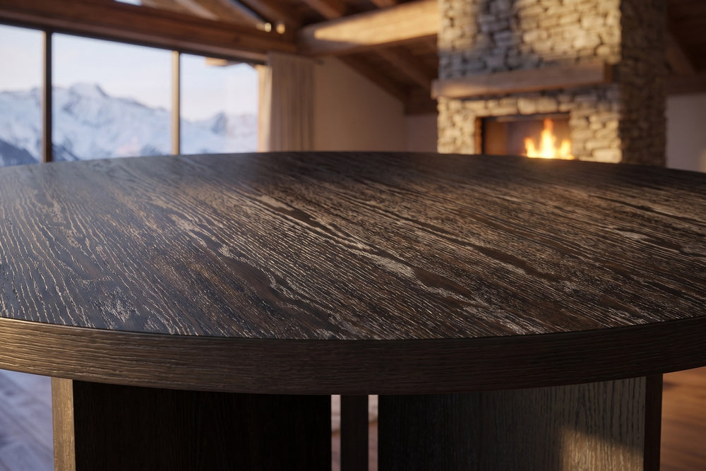 Close-up of the Davoli 54-Inch Round Ebony Oak Veneer Pedestal Dining Table: grain