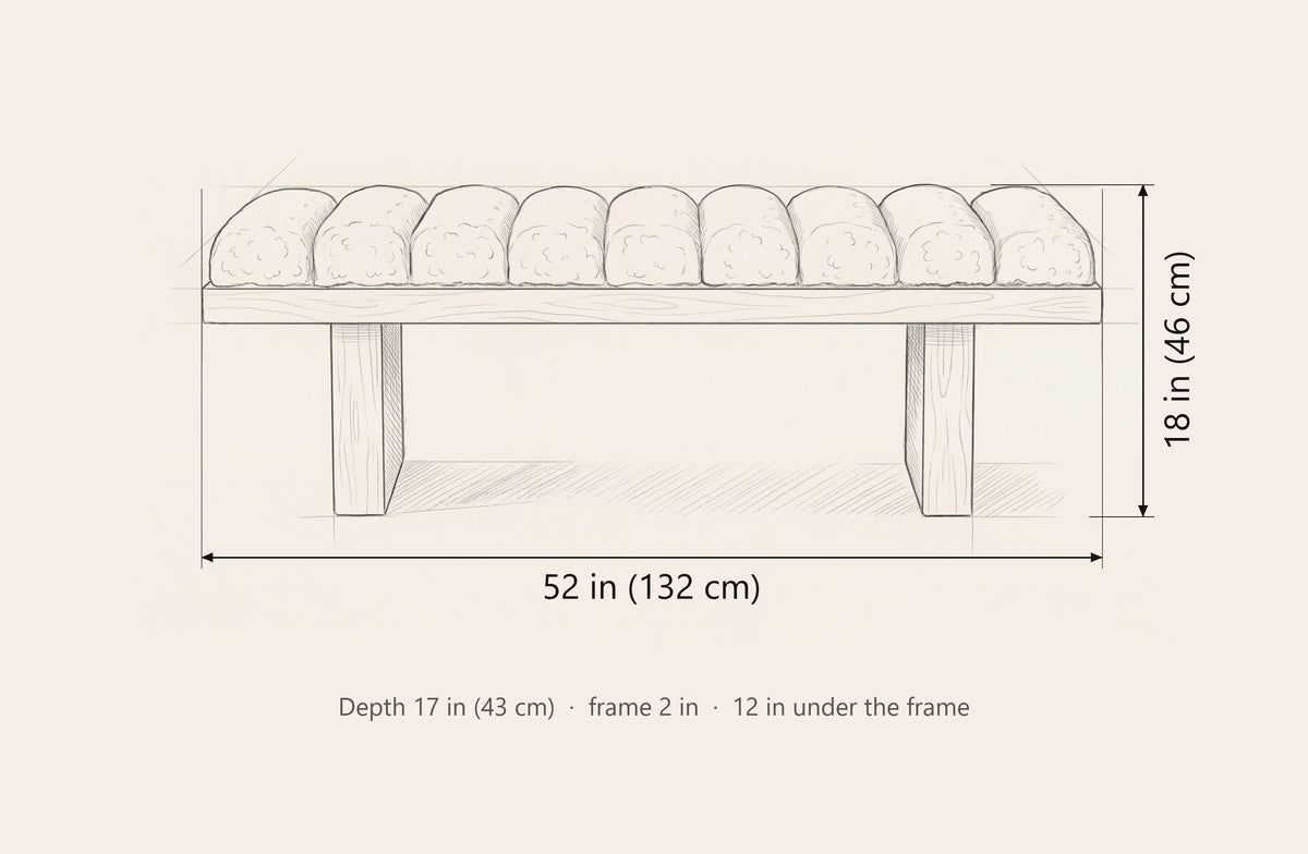 Deruta bench dimensions: 52 in long, 18 in high, 17 in deep