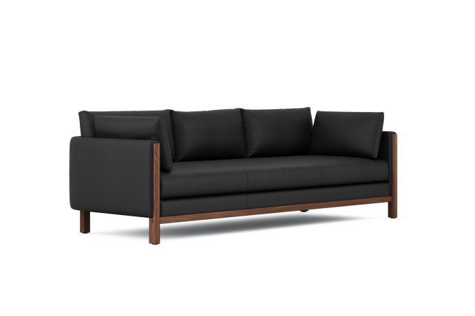 Matera Leather Three Seats Sofa with Wooden Legs, Black
