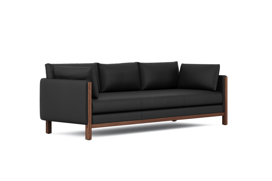 Matera Leather Three Seats Sofa with Wooden Legs, Black