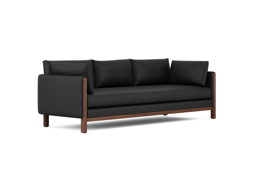 Matera Leather Three Seats Sofa with Wooden Legs, Black