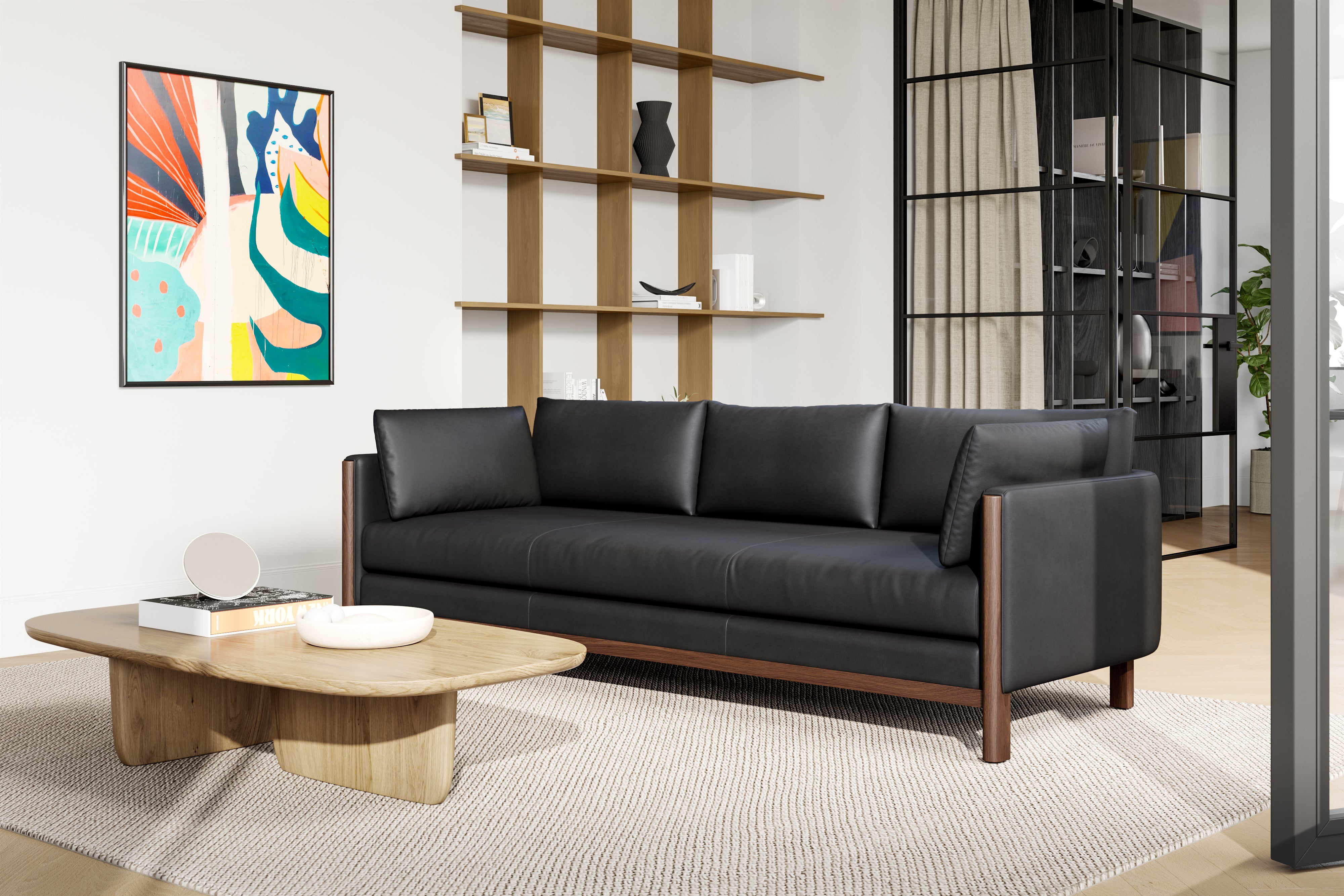 Matera Leather Three Seats Sofa with Wooden Legs, Black