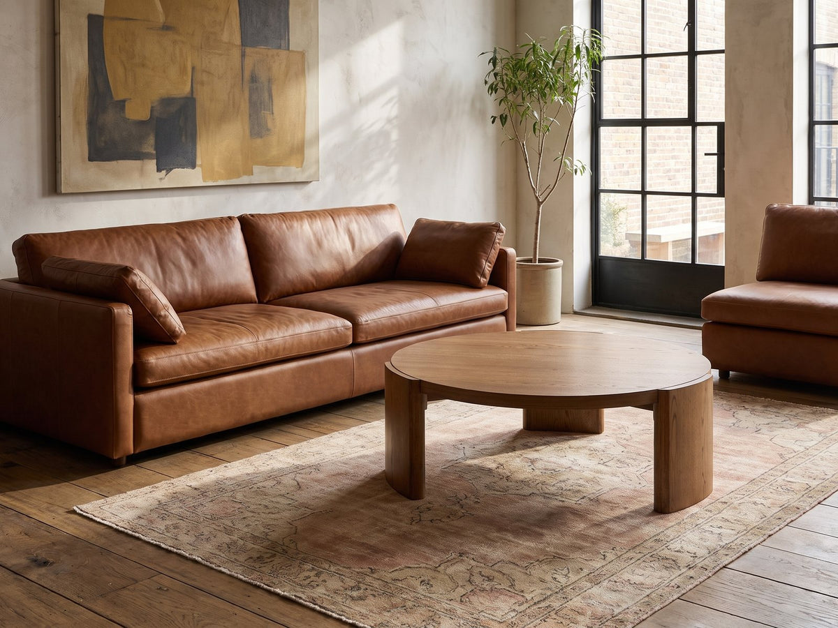 Dogliani 42-Inch Round Walnut-Stained Oak Veneer Coffee Table on a vintage rug in front of a leather sofa in an industrial loft