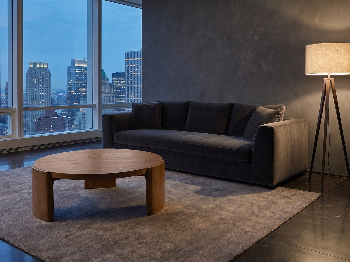 Dogliani 42-Inch Round Walnut-Stained Oak Veneer Coffee Table on a wool rug in front of a velvet sofa in a city penthouse at blue hour