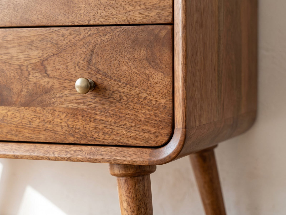 Close-up of the Dolo 28-Inch Chestnut Solid Mango 3-Drawer Chest: the rounded case corner, a round antique-brass knob and a tapered splayed leg