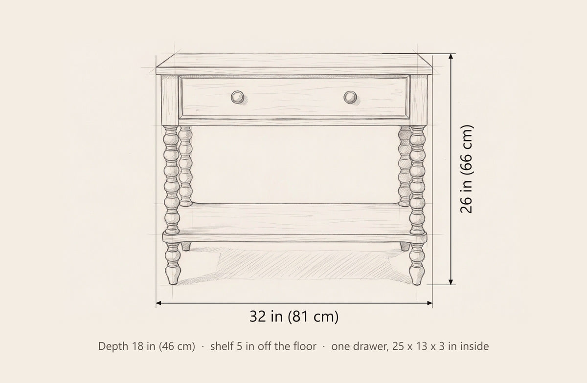Dorgali nightstand dimensions: 32 in wide, 26 in high, 18 in deep