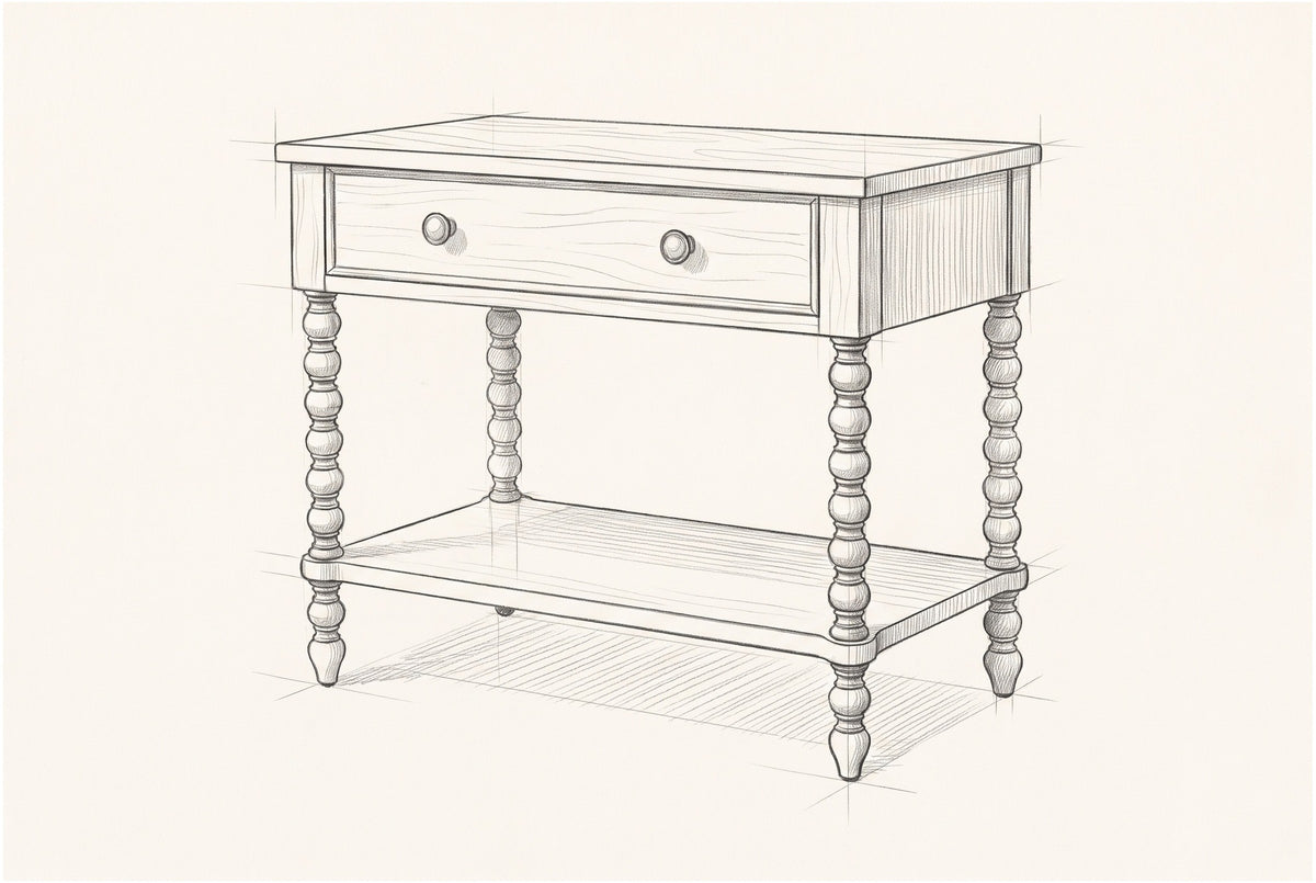 Pencil sketch of the Dorgali nightstand, drawn from the same three-quarter view