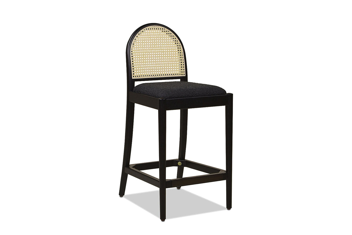 Drapia 26.5-Inch Cane-Back Ebony Oak Counter Stool, Black Boucle (Set of 2) on a white background
