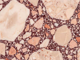 Close-up of the Elba Rosa Marble Coffee Table: the breccia veining of the polished rosa marble top