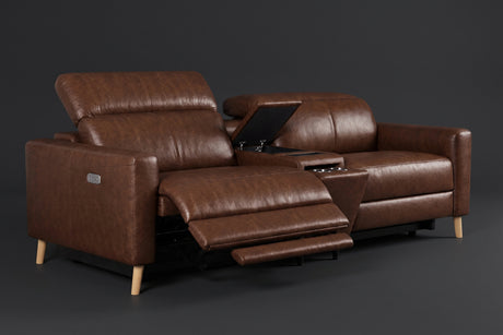 Elodie Distressed Italian Aniline Leather Dual Recliner Sofa with Console