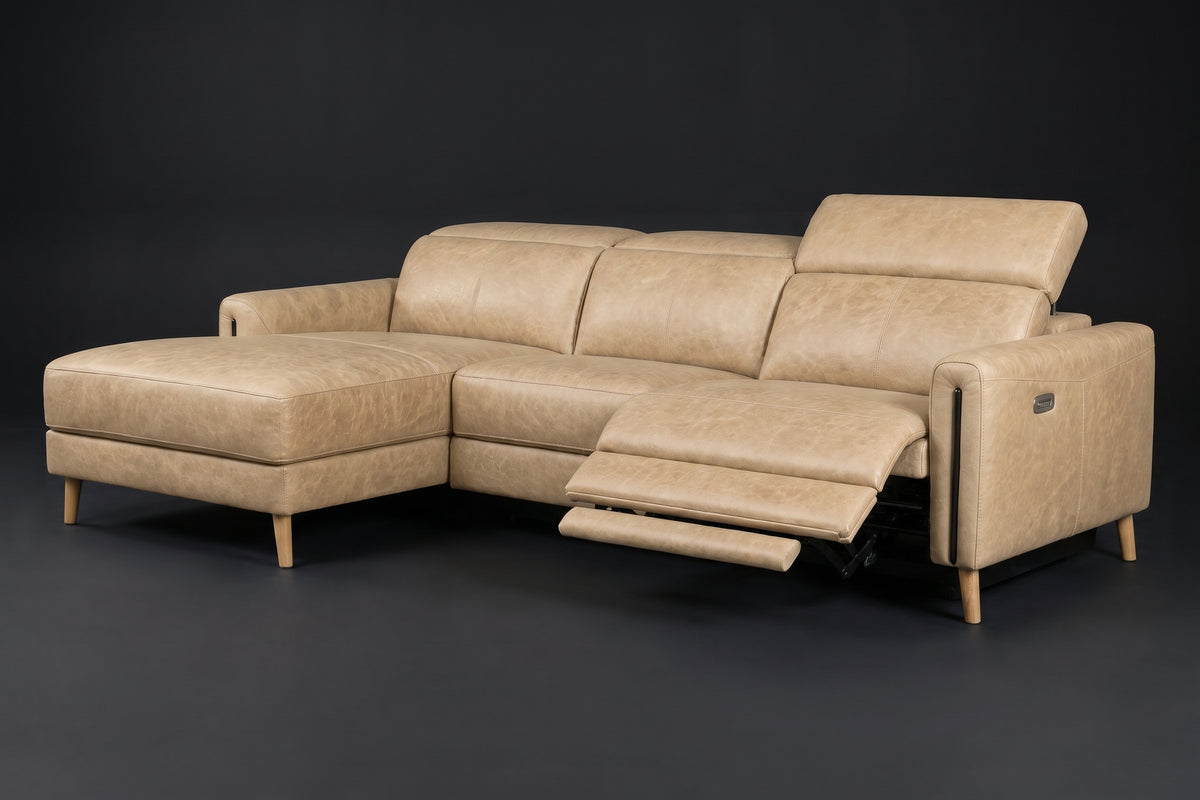Elodie Distressed Italian Aniline Leather Recliner Sectional Sofa