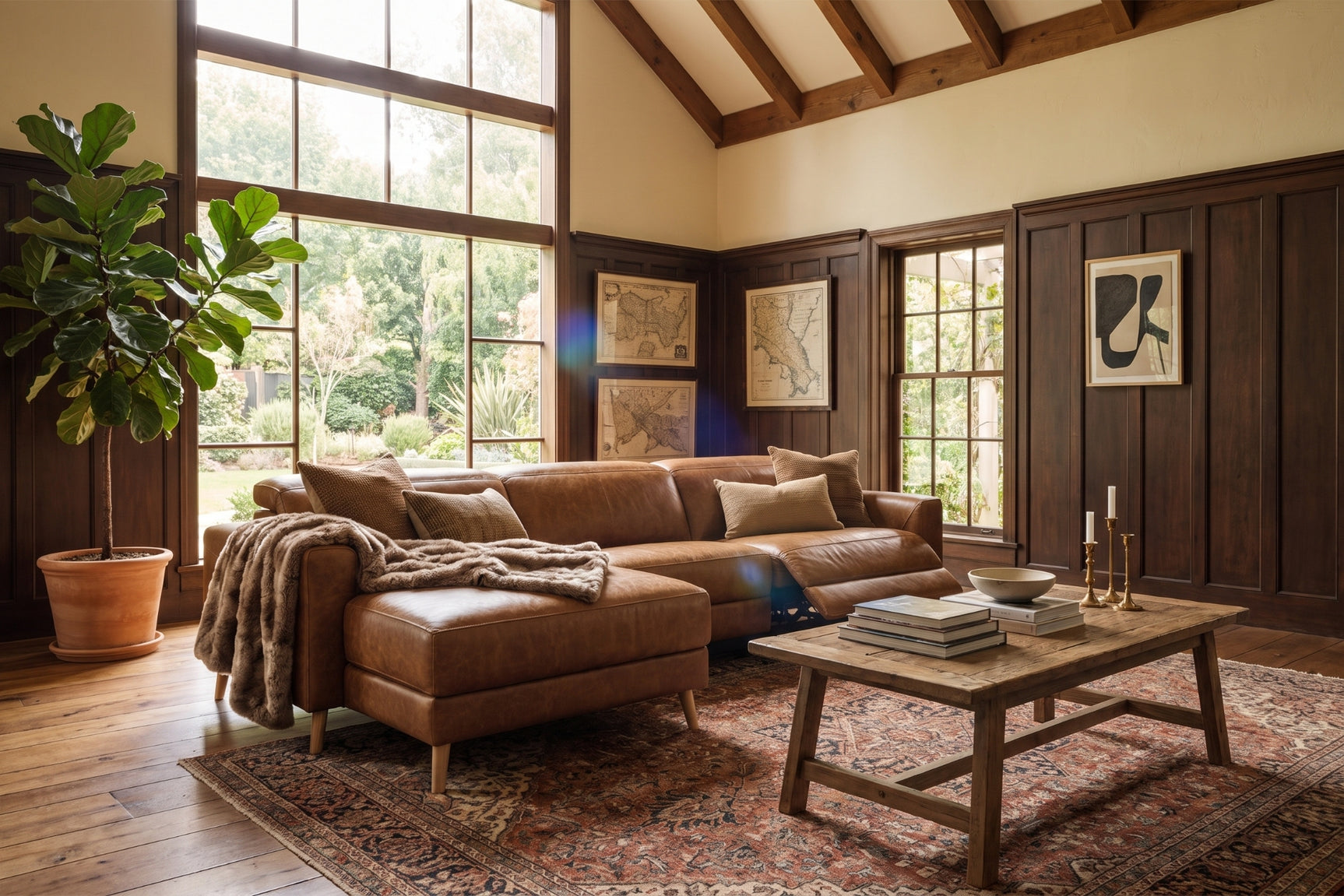 Elodie Distressed Italian Aniline Leather Recliner Sectional Sofa