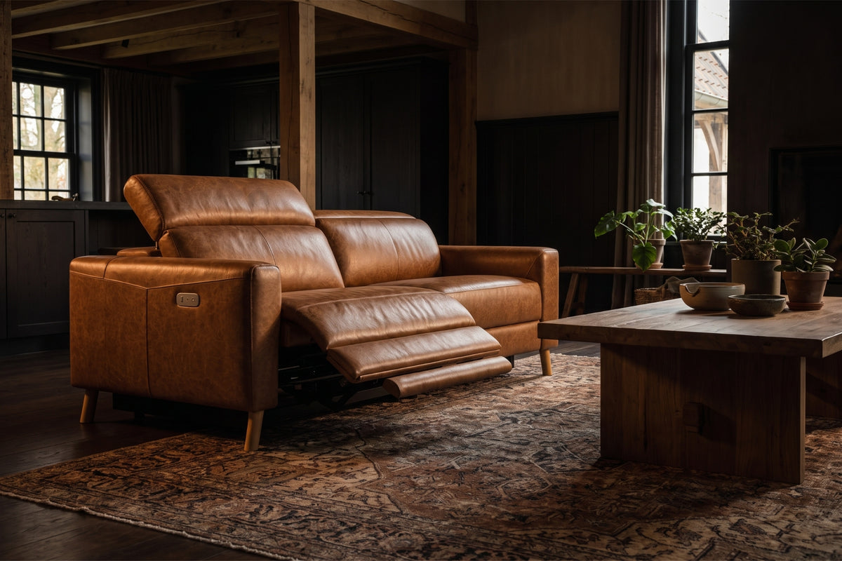 Elodie Distressed Italian Aniline Leather Dual Recliner Sofa