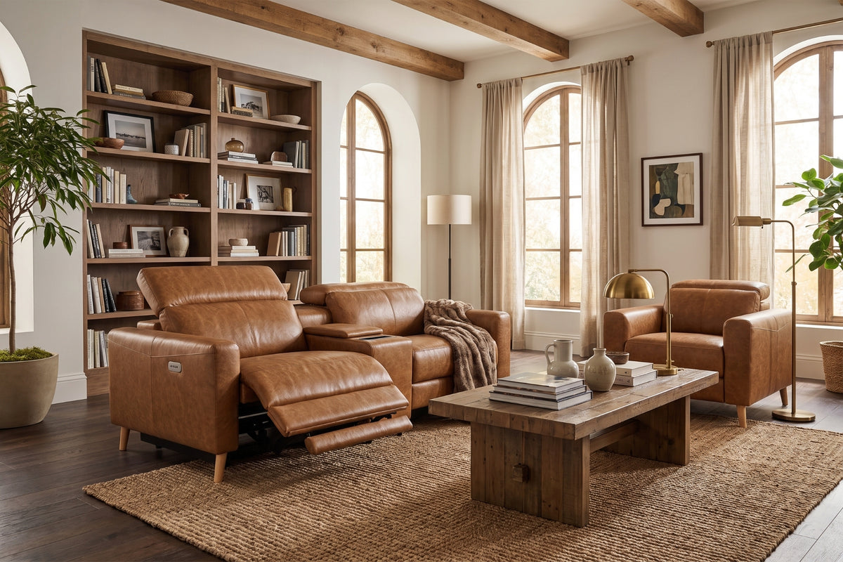 Elodie Distressed Italian Aniline Leather Dual Recliner Sofa with Console