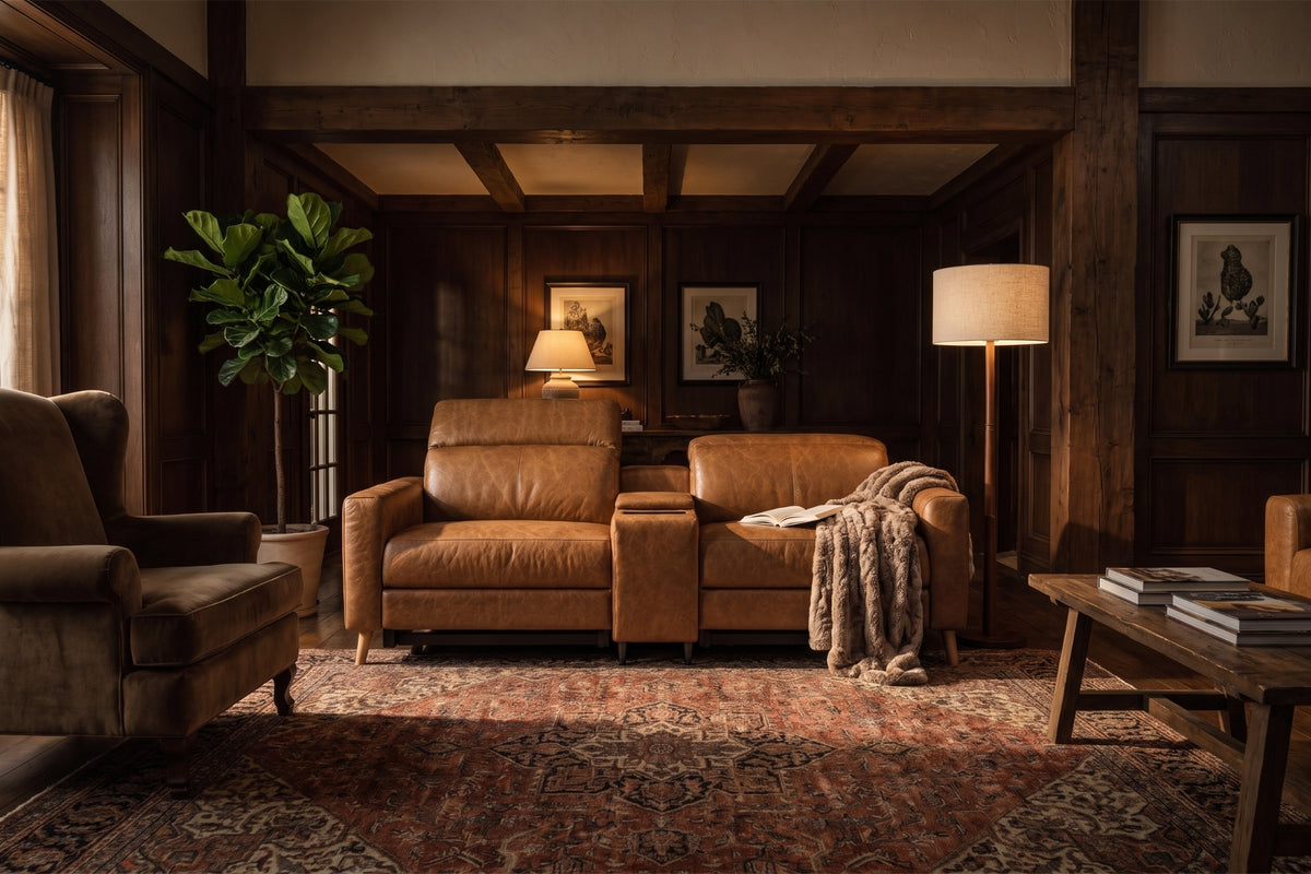 Elodie Distressed Italian Aniline Leather Dual Recliner Sofa with Console
