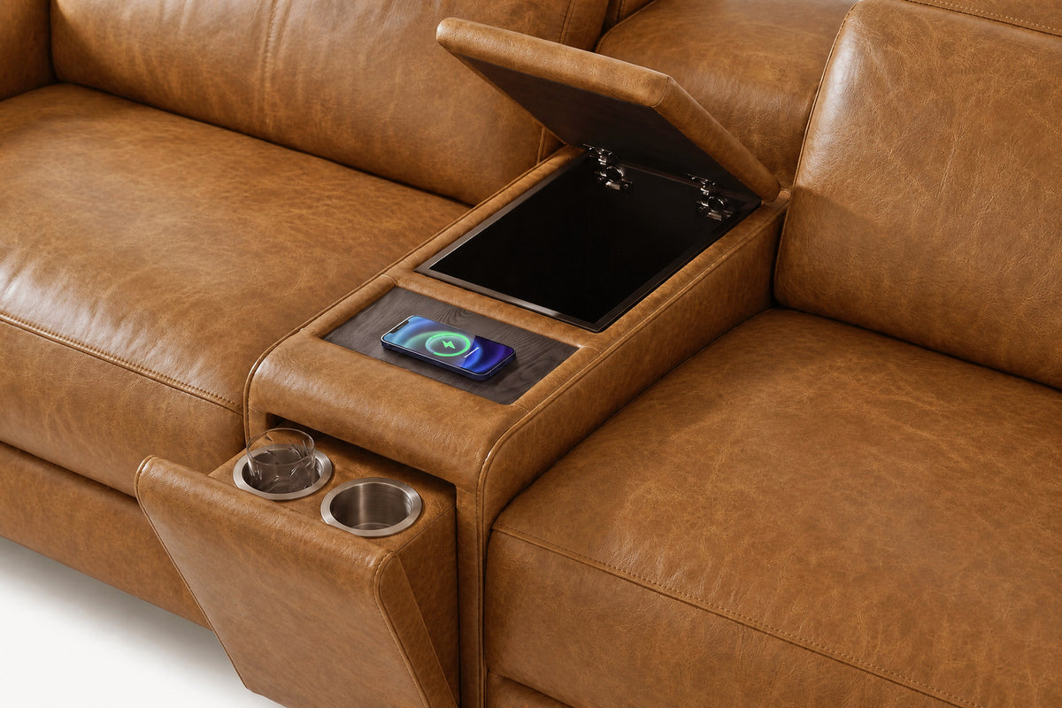 Elodie Distressed Italian Aniline Leather Dual Recliner Sofa with Console