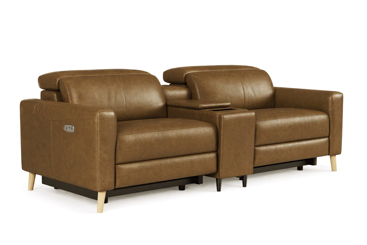 Elodie Distressed Italian Aniline Leather Dual Recliner Sofa with Console