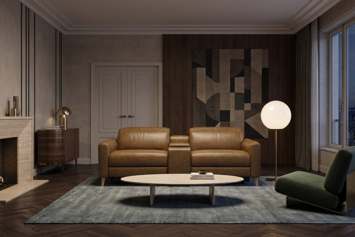 Elodie Distressed Italian Aniline Leather Dual Recliner Sofa with Console