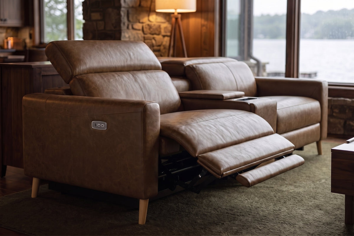 Elodie Distressed Italian Aniline Leather Dual Recliner Sofa with Console