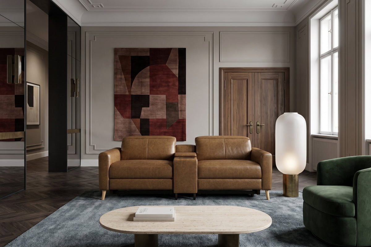 Elodie Distressed Italian Aniline Leather Dual Recliner Sofa with Console