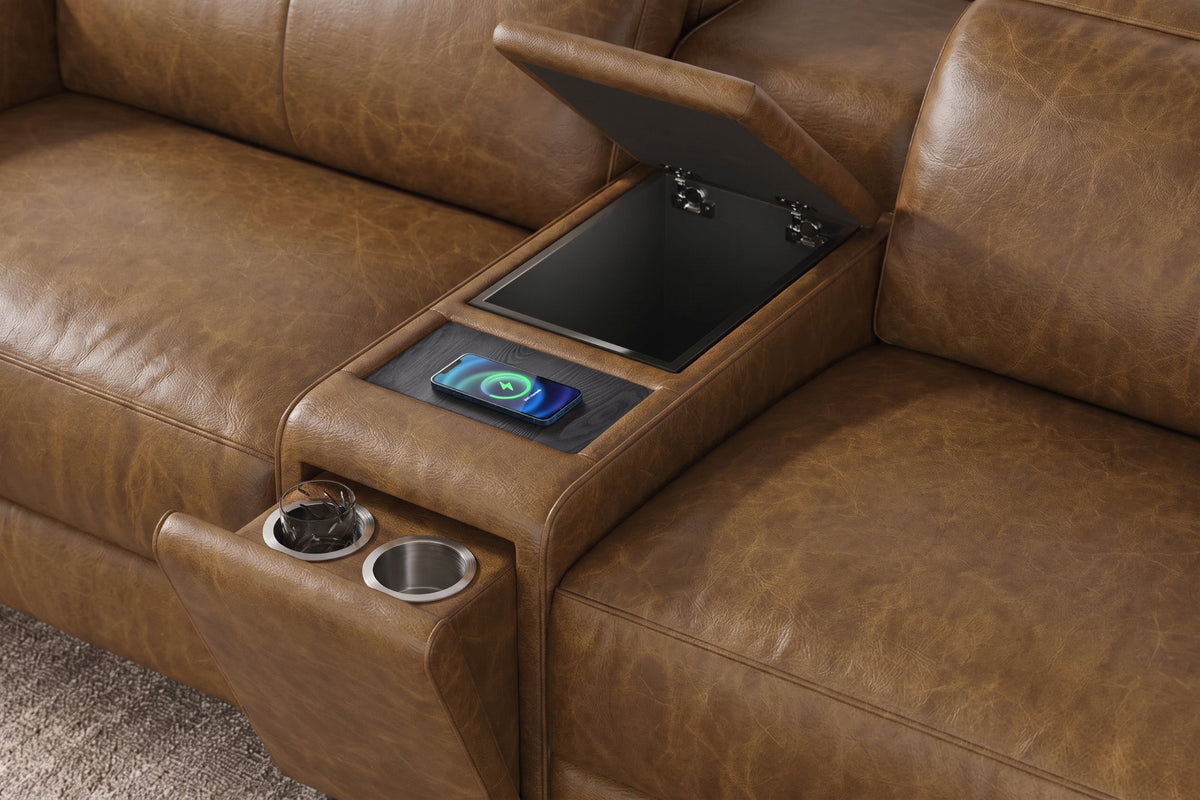Elodie Distressed Italian Aniline Leather Dual Recliner Sofa with Console