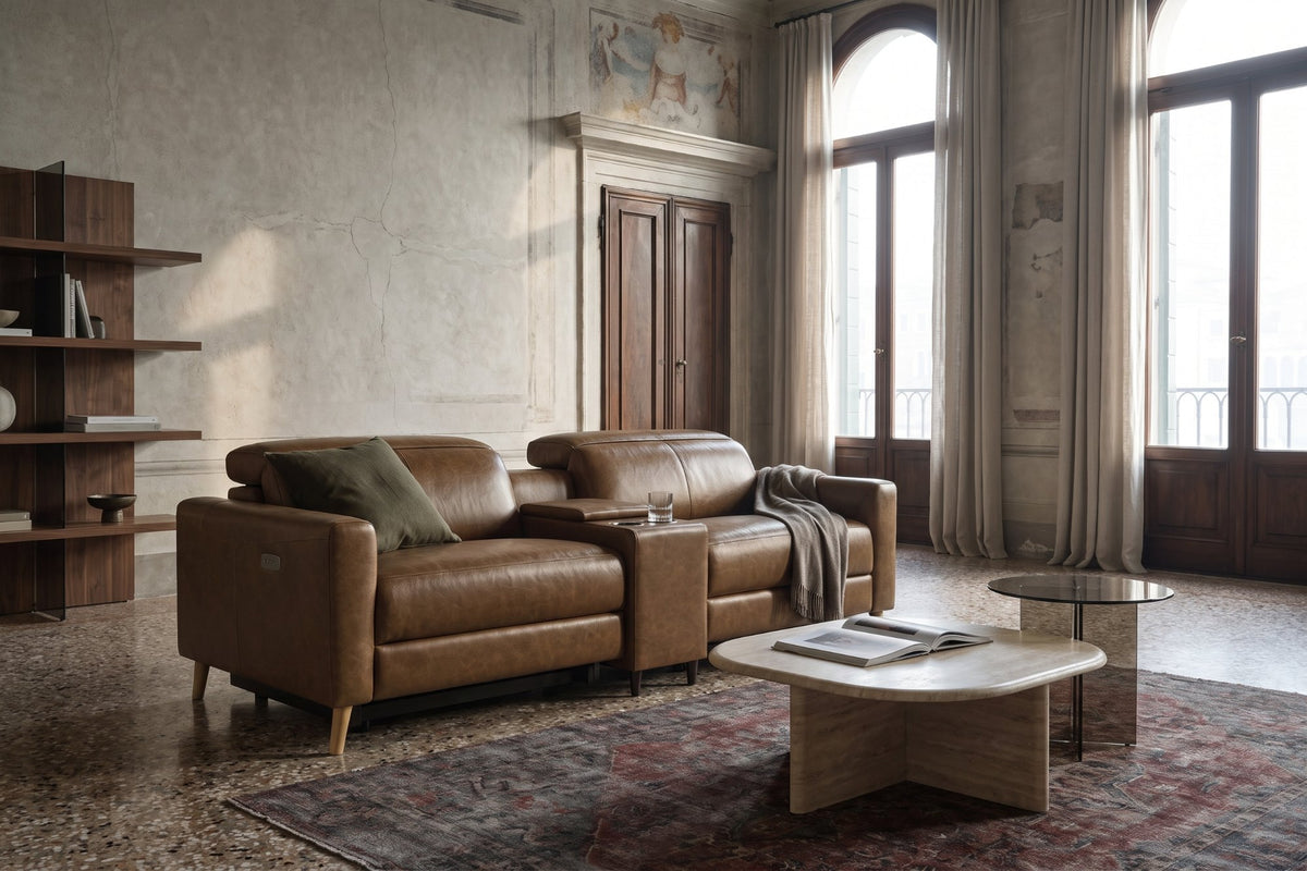 Elodie Distressed Italian Aniline Leather Dual Recliner Sofa with Console