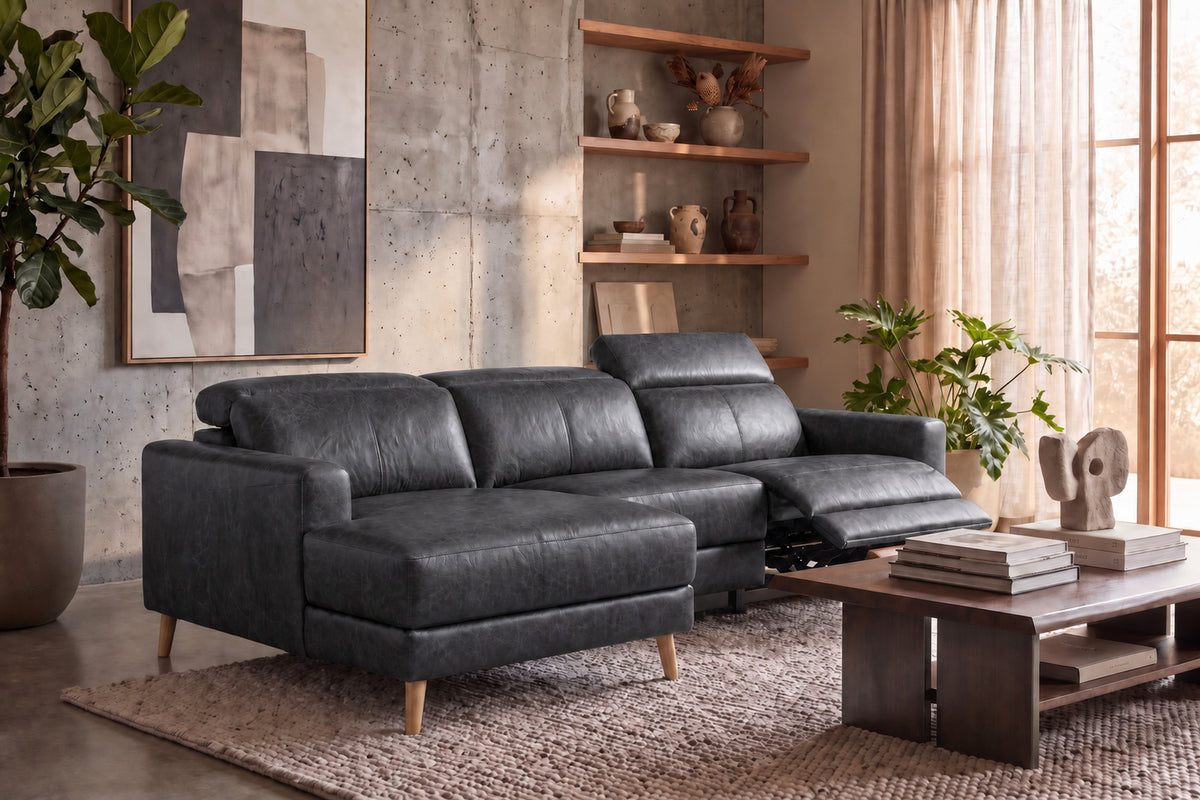 Elodie Distressed Italian Aniline Leather Recliner Sectional Sofa
