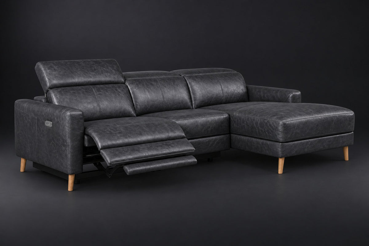 Elodie Distressed Italian Aniline Leather Recliner Sectional Sofa