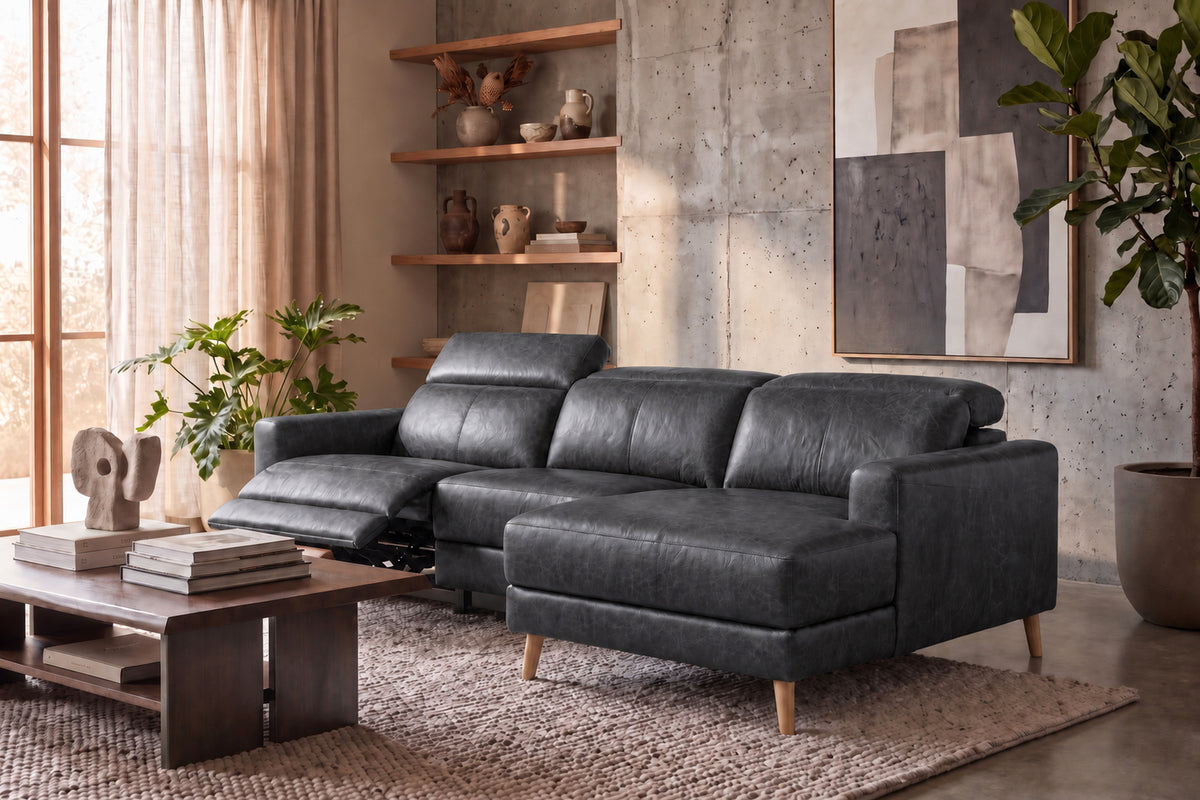 Elodie Distressed Italian Aniline Leather Recliner Sectional Sofa