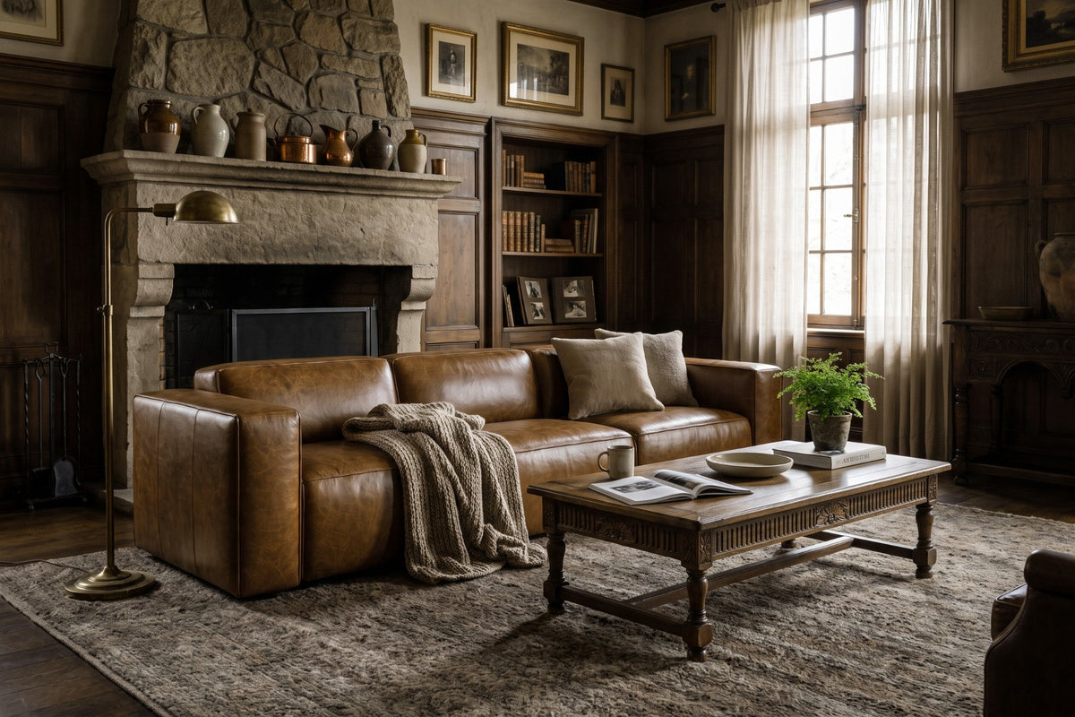 Emery Distressed Italian Aniline Leather Dual Recliner Sofa