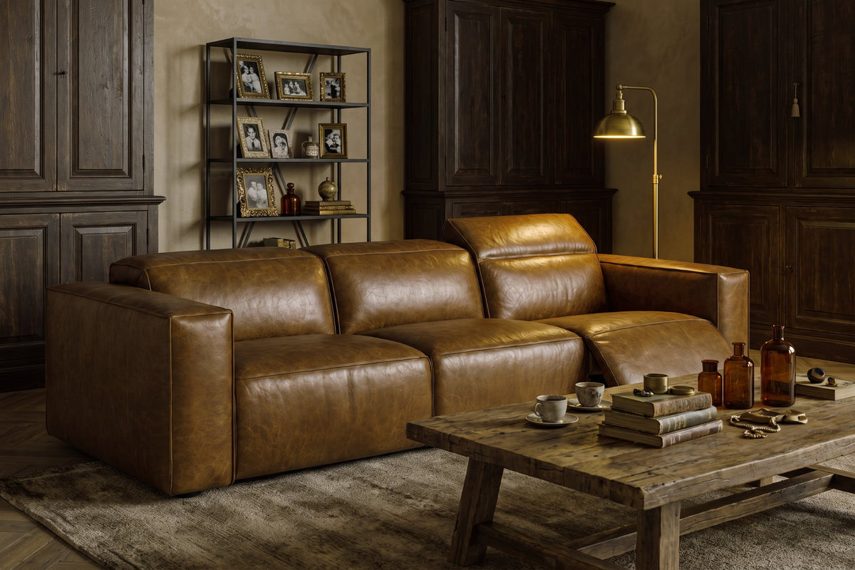 Emery Distressed Italian Aniline Leather Dual Recliner Sofa