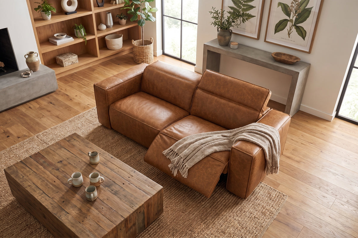 Emery Distressed Italian Aniline Leather Dual Recliner Sofa