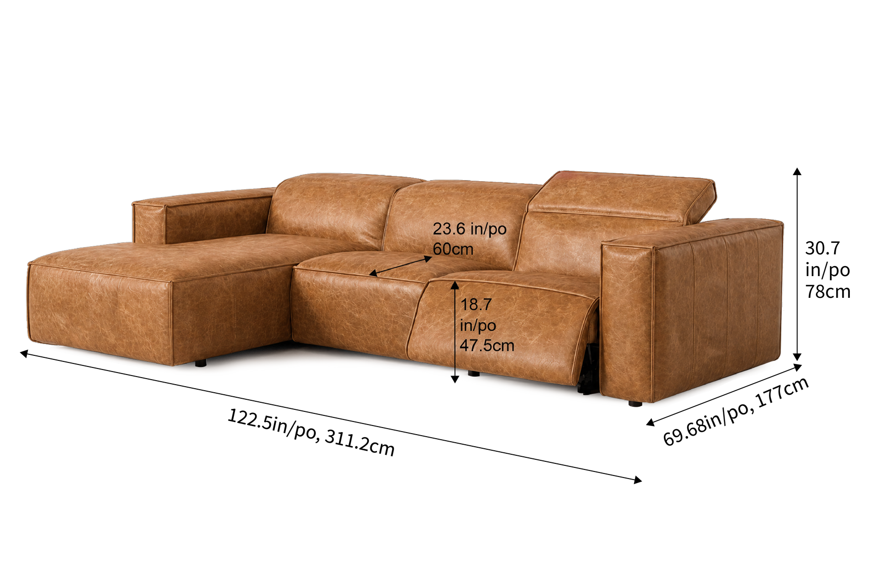 Emery Distressed Italian Aniline Leather Recliner Sectional Sofa