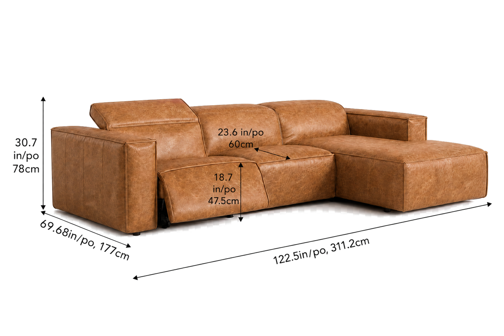 Emery Distressed Italian Aniline Leather Recliner Sectional Sofa