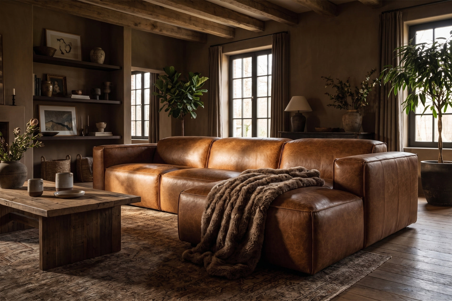 Emery Distressed Italian Aniline Leather Recliner Sectional Sofa