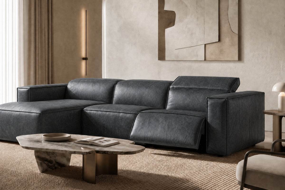 Emery Distressed Italian Aniline Leather Recliner Sectional Sofa