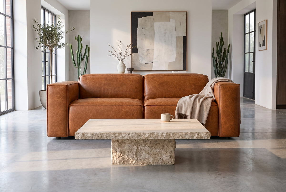 Emery Distressed Italian Aniline Leather Dual Recliner Sofa