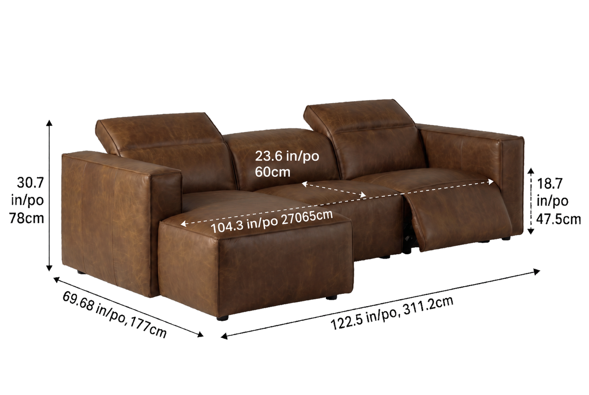 Emery Distressed Italian Aniline Leather Recliner Sectional Sofa
