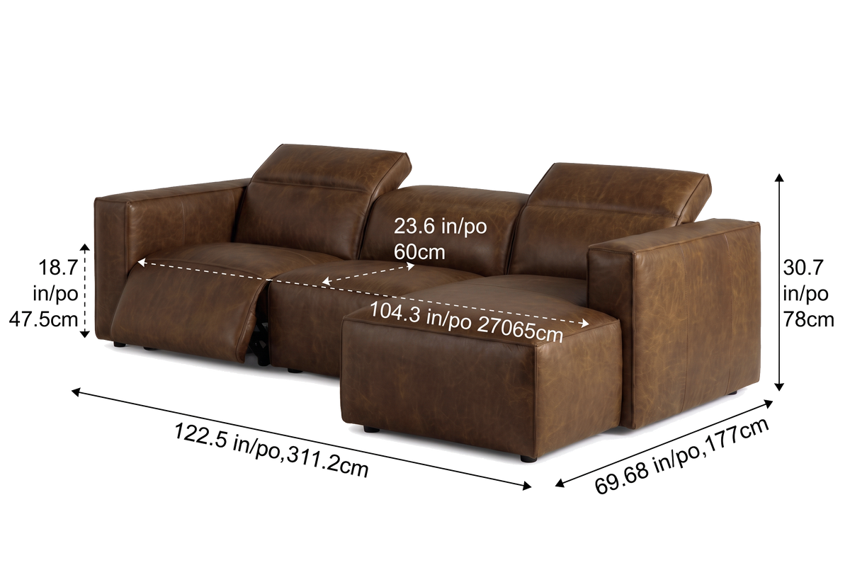 Emery Distressed Italian Aniline Leather Recliner Sectional Sofa