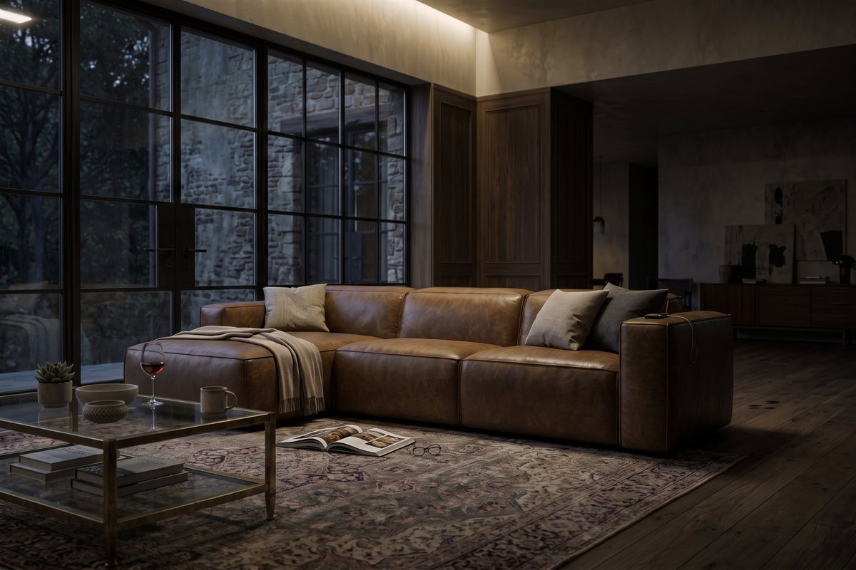 Emery Distressed Italian Aniline Leather Recliner Sectional Sofa
