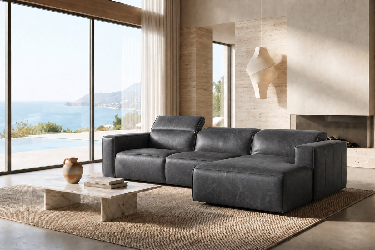Emery Distressed Italian Aniline Leather Recliner Sectional Sofa