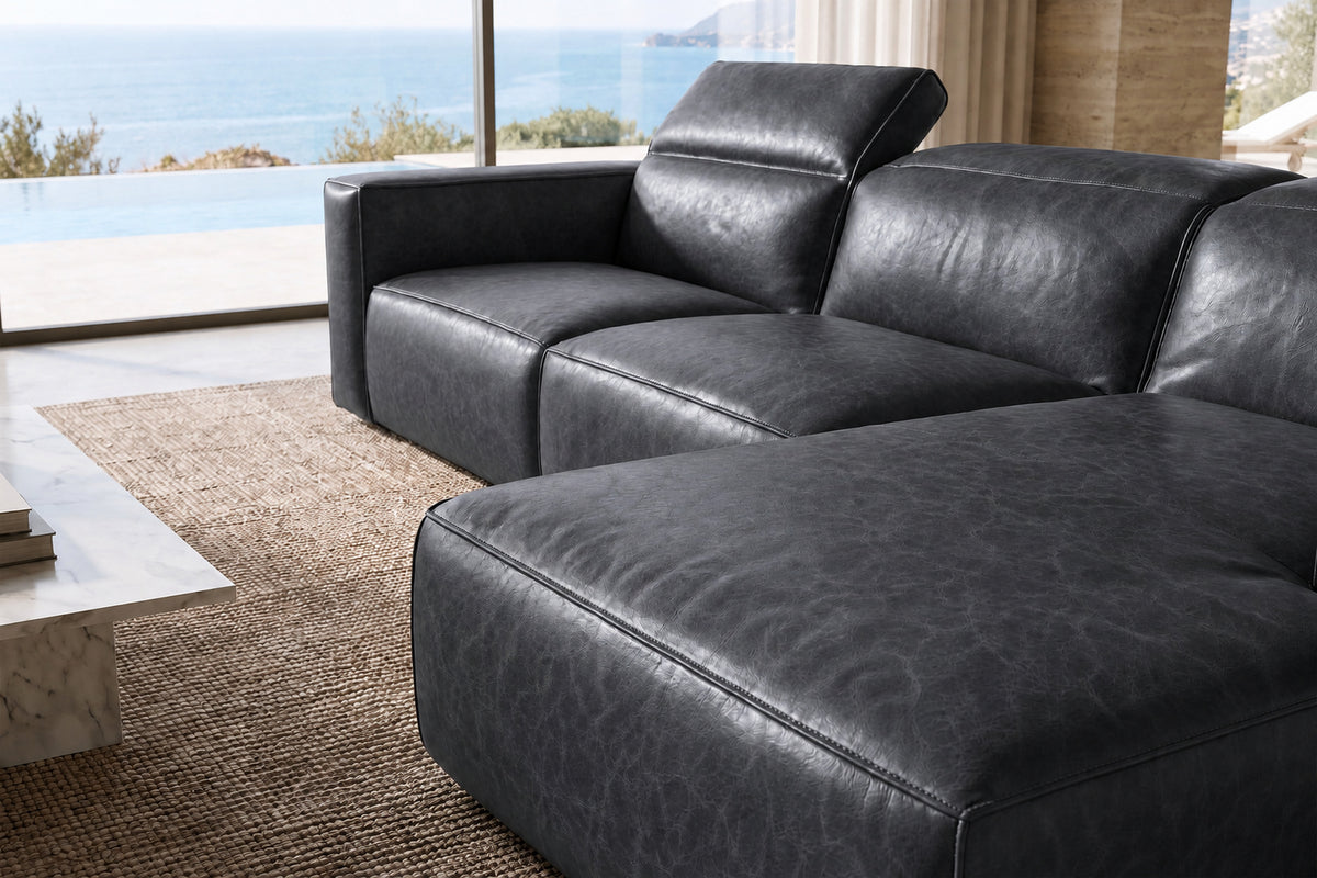Emery Distressed Italian Aniline Leather Recliner Sectional Sofa
