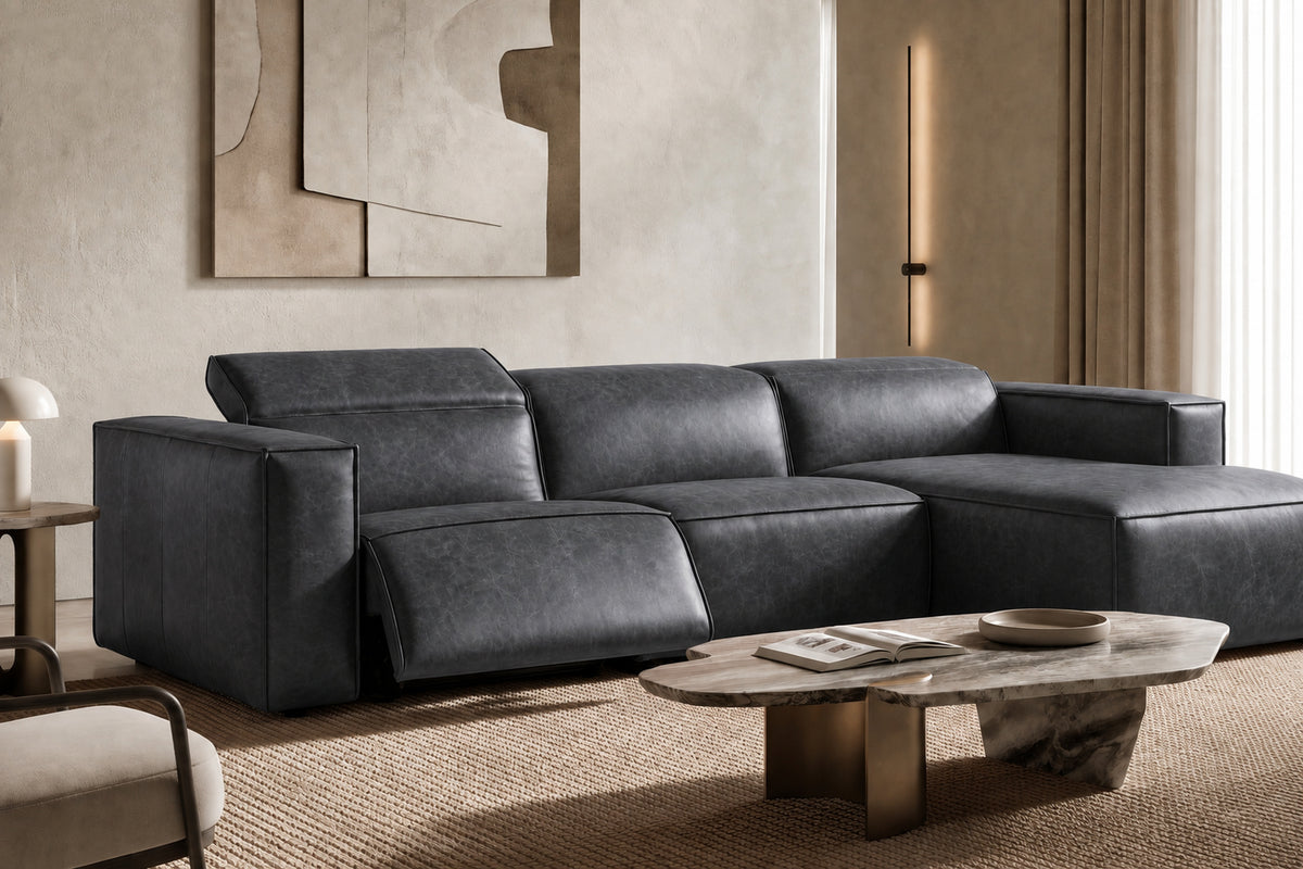 Emery Distressed Italian Aniline Leather Recliner Sectional Sofa