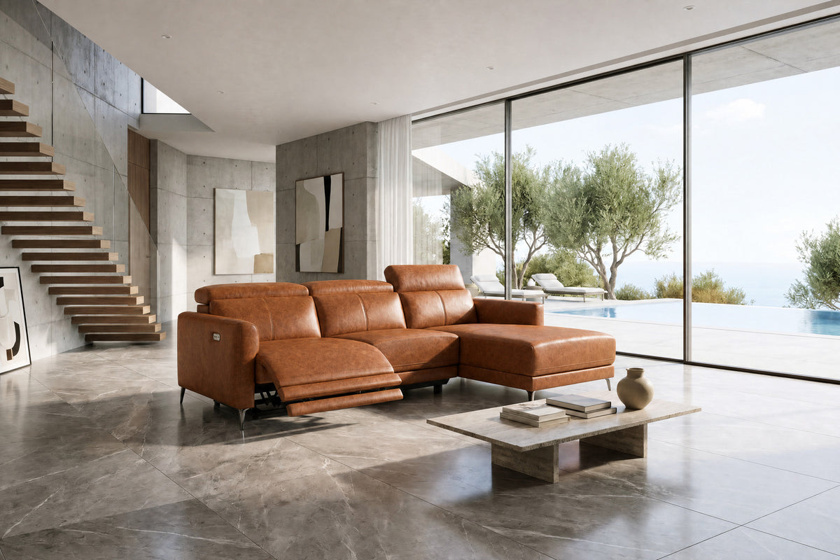 Andria Distressed Italian Aniline Leather Power Reclining Sectional Sofa